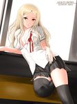 black_legwear blonde_hair bra breasts brown_eyes cleavage guilty_crown kuhouin_arisa lace lace-trimmed_bra lingerie long_hair niwatori_kokezou open_clothes open_shirt pink_bra pleated_skirt ribbon school_uniform shirt skirt small_breasts solo thighhighs underwear 