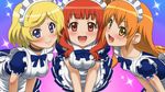  amamiya_rizumu awa blonde_hair blue_eyes happy harune_aira leaning_forward maid maid_headdress multiple_girls orange_eyes orange_hair pretty_(series) pretty_rhythm pretty_rhythm_aurora_dream red_eyes red_hair ribbon smile sparkle takamine_mion 