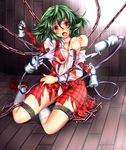  bare_shoulders bdsm bondage bound breasts chain covering covering_breasts cuffs green_hair highres kazami_yuuka mechanical_arm medium_breasts monikano open_mouth plaid plaid_skirt plaid_vest red_eyes shackles short_hair skirt skirt_set solo torn_clothes touhou vest 