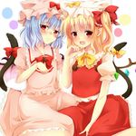 animal_hat blonde_hair blue_hair blush bow buttons cat_tail dress embarrassed flandre_scarlet hat kemonomimi_mode multiple_girls nnyara pointy_ears red_eyes remilia_scarlet short_hair siblings side_ponytail simple_background sisters tail touhou wings 