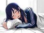  blanket blue_eyes blue_hair dream_c_club dream_c_club_(series) dream_c_club_zero drooling long_hair lying pillow reika_(dream_c_club) sleeping solo tachibana_roku triple_vertical_stripe 