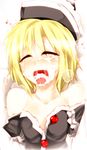  ahegao bare_shoulders blonde_hair blush cum cum_in_mouth cum_on_tongue facial happy_facial happy_sex hat hetero highres kazetto lunasa_prismriver off_shoulder open_mouth solo tears touhou trembling upper_body 