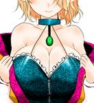  alternate_costume bare_shoulders breasts brooch catherine_cover_parody choker cleavage collar han_(jackpot) head_out_of_frame huge_breasts jewelry mizuhashi_parsee pointy_ears short_hair solo touhou undressing upper_body 