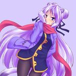  adjusting_clothes adjusting_gloves animal_ears blue_eyes gloves himiya_yuu kuromiya long_hair original pantyhose purple_hair red_scarf scarf solo tail 