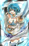  adapted_costume armband bad_id bad_pixiv_id blue_eyes blue_hair cape earrings hair_ornament hairclip highres jewelry magical_girl mahou_shoujo_madoka_magica miki_sayaka short_hair solo soul_gem sword umitsuki weapon 