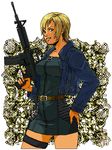  1girl aya_brea belt blonde_hair blue_eyes female grin gun jacket miniskirt parasite_eve parasite_eve_ii short_hair skirt smile solo sonou weapon 