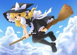  :d bad_id bad_pixiv_id blonde_hair broom broom_riding cloud day hat kirisame_marisa long_hair looking_back marugoshi_(54burger) mary_janes open_mouth shoes smile solo thighhighs touhou witch_hat yellow_eyes zettai_ryouiki 