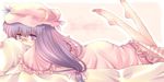  barefoot bespectacled blush feet glasses hat kokono_coco patchouli_knowledge pillow pillow_hug purple_hair solo touhou 