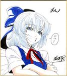  bad_id bad_pixiv_id blue_eyes blue_hair bow character_name cirno crossed_arms face grin hair_bow imizu_(nitro_unknown) shikishi smile solo teeth touhou traditional_media 