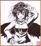  adjusting_goggles alternate_costume asagiri_miyabi blush contemporary gloves goggles hat looking_at_viewer monochrome open_mouth shameimaru_aya solo tokin_hat touhou wings 