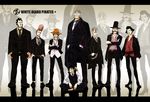  bandana beads beard belt edward_newgate facial_hair flower_sword_vista formal ghost_in_the_shell_lineup hat high_heels izou_(one_piece) jozu letterboxed lineup male_focus marco monkey_d_luffy multiple_boys mustache necktie one_piece pon_(puppupon) portgas_d_ace shoes smile straw_hat suit thatch whitebeard_pirates 