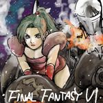  1girl blue_eyes female final_fantasy final_fantasy_vi green_hair kusanagi_shion_(elda) lowres ponytail riding shoulder_pads solo tina_branford 