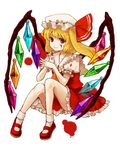  blonde_hair blood flandre_scarlet full_body hat long_hair looking_at_viewer mary_janes red_eyes shoes side_ponytail simple_background sitting smile solo tachibana_amane_(amane01a) touhou wings 