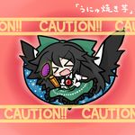  &gt;_&lt; :d blush caution chibi closed_eyes food open_mouth potato reiuji_utsuho smile solo sweet_potato touhou translated unyu xd yakiimo yanagi_(nurikoboshi) 