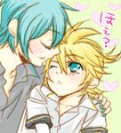  2boys blonde_hair blue_eyes blush eyes_closed hatsune_mikuo heart kagamine_len male male_focus male_polish multiple_boys nail_polish simple_background vocaloid wink yaoi 