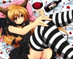  alcohol bottle brown_eyes glass gothic_lolita hair_ribbon haruyonoto horns ibuki_suika lace lolita_fashion long_hair lying on_back orange_hair petals pillow ribbon solo striped striped_legwear thighhighs touhou wine 