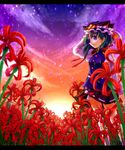  blue_eyes flower green_hair hand_on_headwear hat letterboxed qontamblue rod_of_remorse shiki_eiki short_hair skirt solo spider_lily sunset touhou 