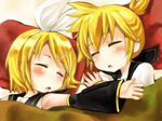  1girl blonde_hair brother_and_sister chikkuru detached_sleeves kagamine_len kagamine_rin short_hair siblings sleeping twins vocaloid 