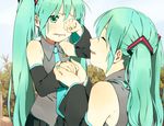  aqua_eyes aqua_hair bad_id bad_pixiv_id chibi_miku detached_sleeves hatsune_miku long_hair maruishi multiple_girls necktie smile tears time_paradox twintails vocaloid 