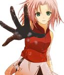  arm_warmers bare_shoulders bike_shorts black_gloves buckle fuwapiyon gloves green_eyes haruno_sakura looking_at_viewer lowres miniskirt naruto naruto_(series) naruto_shippuuden ninja pink_hair pink_skirt reaching_out red_shirt shirt short_hair shorts shorts_under_skirt side_slit simple_background skirt sleeveless sleeveless_shirt solo white_background 