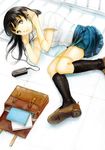  bad_id bad_pixiv_id bag black_hair book digital_media_player earphones kneehighs legs long_hair lying mitakarat original school_uniform socks solo yellow_eyes 