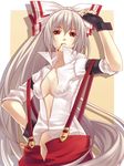  bad_id bad_pixiv_id bow breasts cigarette cleavage fujiwara_no_mokou hair_bow hair_ribbon large_breasts long_hair no_panties red_eyes ribbon silver_hair sleeves_rolled_up solo suspenders touhou yochipan 