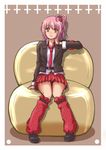  hinamori_amu keigu leg_warmers pink_hair school_uniform short_hair shugo_chara! sitting smile solo yellow_eyes 