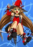  :d ahoge broom broom_riding demon_tail dress earrings green_eyes hand_on_headwear hat inanaki_shiki jewelry kyon_feulion long_hair open_mouth pointy_ears red_eyes red_hair smile solo super_robot_wars super_robot_wars_og_saga_mugen_no_frontier tail witch_hat 