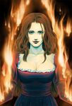  1girl big_breasts breasts brown_hair cleavage dress eve_(parasite_eve) eve_(pe) female fire large_breasts long_hair lowres melissa melissa_pearce parasite_eve solo sonou 