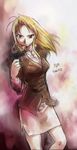  artist_request blonde_hair breasts brown_eyes cleavage fullmetal_alchemist gun handgun large_breasts pencil_skirt riza_hawkeye skirt solo weapon 