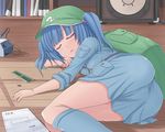  ass backpack bad_id bad_pixiv_id bag blue_hair closed_eyes contemporary hair_bobbles hair_ornament hasu_(hk_works) hat kawashiro_nitori lying on_side ram_(computer) short_hair sleeping sleeves_rolled_up soldering_iron solo touhou twintails two_side_up 