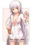  bad_id bad_pixiv_id bloomers bottle breasts cleavage dress_shirt fujiwara_no_mokou kokotetsu large_breasts long_hair milk no_bra no_pants open_clothes open_shirt red_eyes shirt silver_hair smile solo touhou underwear very_long_hair 