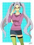  adjusting_eyewear earrings glasses grey_hair hair_bobbles hair_ornament jewelry lips long_hair milcho original red_eyes solo sweater thighhighs twintails very_long_hair zettai_ryouiki 