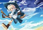  bag blonde_hair blue_eyes boots braid broom broom_riding cloud day gin'ichi_(akacia) hand_on_headwear hat kirisame_marisa satchel sky solo touhou witch witch_hat 