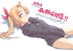  2010 blonde_hair bottomless bow brown_eyes covering covering_crotch hair_bow long_hair lying on_back original sanemichi_hajime shirt_tug solo sweater translation_request 