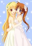  bare_shoulders blonde_hair blush bride couple dress duplicate elbow_gloves fate_testarossa flower gloves good_end happy hug jewelry jpeg_artifacts long_hair lyrical_nanoha mahou_shoujo_lyrical_nanoha_strikers multiple_girls necklace one_eye_closed ponytail purple_eyes red_eyes red_hair saki_chisuzu side_ponytail smile takamachi_nanoha very_long_hair wedding wedding_dress wife_and_wife yuri 