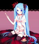  bad_id bad_pixiv_id bed_sheet blue_eyes blue_hair cake checkered dress food hair_ribbon hatsune_miku lace_background long_hair nakatanbo no_nose pastry ribbon sitting skirt smile solo thighhighs twintails very_long_hair vocaloid world_is_mine_(vocaloid) zettai_ryouiki 