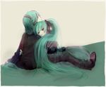  1girl aqua_hair conoha genderswap genderswap_(ftm) hatsune_miku hatsune_mikuo headphones hug long_hair sitting very_long_hair vocaloid 