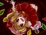  blonde_hair bow doburoku_(daiginjou) doll dress fang flandre_scarlet hat open_mouth red_eyes short_hair side_ponytail solo touhou vampire wings 