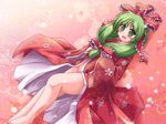  barefoot blush front_ponytail green_eyes green_hair hair_ribbon highres japanese_clothes kagiyama_hina kimono lzh no_panties open_clothes open_kimono ribbon short_hair solo touhou 