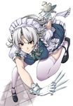  akisu_karasu braid gloves izayoi_sakuya knife lace lace-trimmed_thighhighs legs maid red_eyes short_hair silver_hair solo thighhighs thighs touhou twin_braids white_legwear 