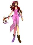  1girl aerith_gainsborough boots brown_hair dress eni eni_(yoyogieni) female final_fantasy final_fantasy_vii full_body green_eyes jacket long_hair pink_ribbon ponytail ribbon simple_background solo white_background wristband 