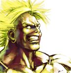  blonde_hair broly dragon_ball dragon_ball_z earrings grin iroisaac jewelry legendary_super_saiyan male_focus manly muscle no_pupils signature simple_background smile solo super_saiyan teeth veins 