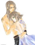  1girl 2002 brown_hair couple dress final_fantasy final_fantasy_viii flipped_hair green_eyes hetero irvine_kinneas long_hair selphie_tilmitt shirtless short_hair tachibana_chata tattoo white_background 