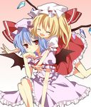  bat_wings flandre_scarlet hat hug multiple_girls remilia_scarlet short_hair siblings sisters smile touhou wings yuiki_(cube) 