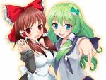  alternate_costume blue_eyes bow brown_hair cosplay detached_sleeves dream_c_club dream_c_club_(series) frog green_hair hair_ornament hakurei_reimu kochiya_sanae long_hair love_plus maid multiple_girls ribbon saipin school_uniform serafuku snake touhou 