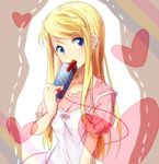  bad_id bad_pixiv_id blonde_hair blue_eyes fullmetal_alchemist gift heart holding holding_gift long_hair looking_at_viewer multicolored multicolored_eyes red_string riru solo string valentine winry_rockbell 