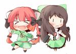  &gt;_&lt; :d animal_ears bad_id bad_pixiv_id black_hair bow braid cat_ears cat_tail chibi closed_eyes green_bow hair_bow kaenbyou_rin multiple_girls multiple_tails open_mouth red_hair reiuji_utsuho smile tail touhou twin_braids uruc xd |_| 