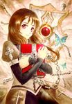  bad_id bad_pixiv_id book brown_hair bug butterfly chain cross insect lock long_hair mitakarat original red_eyes shield solo 