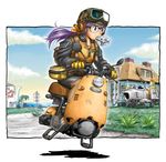  aircraft airplane blue_eyes chimney clothes_writing cloud day dr._slump glasses gloves goggles grass helmet house hover_bike jacket jet mouth_hold norimaki_arale ponytail purple_hair restaurant road road_sign shio_no.9 sign signpost skirt sky solo 